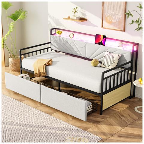Divano Letto In Ferro 90x200cm, Con Illuminazione A Led, 2 Cassetti E Prese Multifunzionali, Letto Singolo, Letto Junior, Ferro+plywood+mdf, Beige - Foto 1