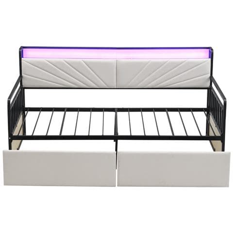 Divano Letto In Ferro 90x200cm, Con Illuminazione A Led, 2 Cassetti E Prese Multifunzionali, Letto Singolo, Letto Junior, Ferro+plywood+mdf, Beige - Foto 4