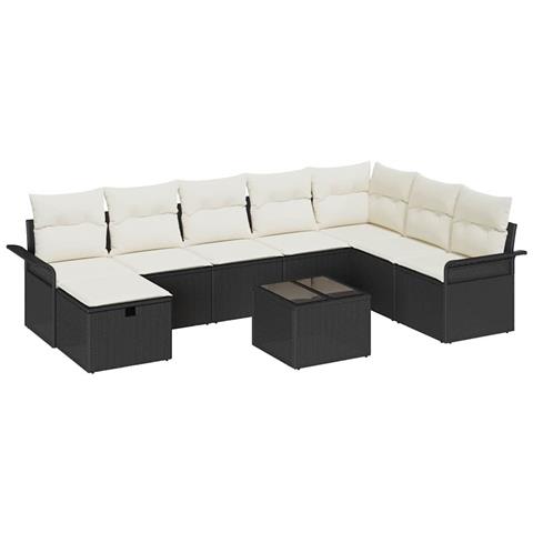 Set Divano da Giardino con cuscino 9 pcs Nero Poly Rattan - Foto 1
