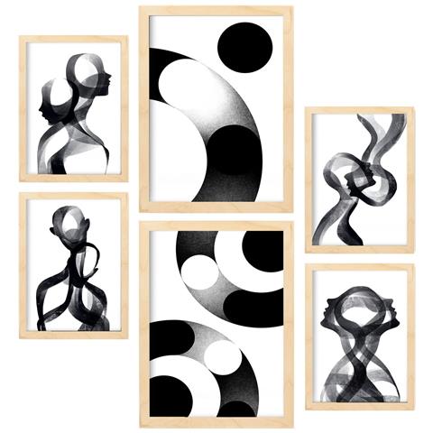 Set Di 6 Stampe Strisce Silenziose In Amanti Dipinti Decorativi Estetici Astratti Per Il Tuo Soggiorno Di Casa A3 & A4 Telaio In Legno Chiaro - Foto 1