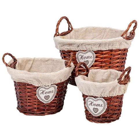 Set Di 3 Cestini In Vimini Foderati Marroni - Foto 1