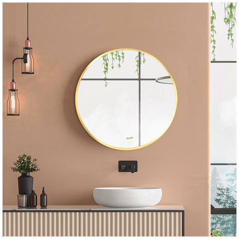 Specchio Bagno Rotondo Con Cornice Da Parete In Lega Di Alluminio, Ø50x2cm, Oro - Foto 6