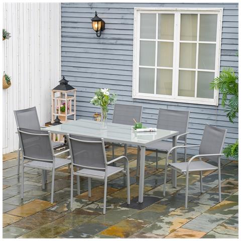 Set Da Giardino Con Tavolo In Vetro Temperato E 6 Sedie Con Tessuto A Rete, Grigio - Foto 1