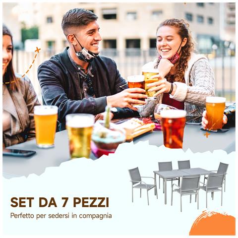 Set Da Giardino Con Tavolo In Vetro Temperato E 6 Sedie Con Tessuto A Rete, Grigio - Foto 2