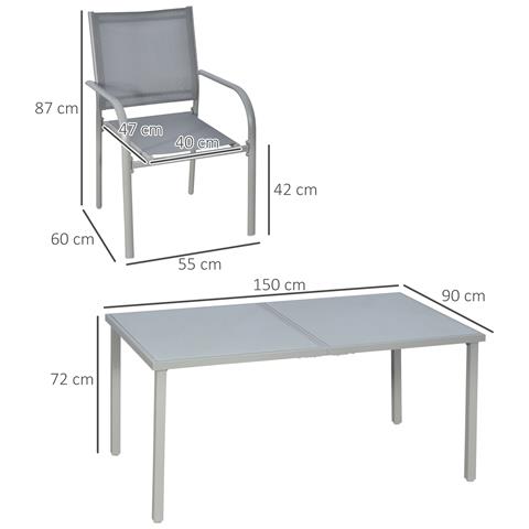 Set Da Giardino Con Tavolo In Vetro Temperato E 6 Sedie Con Tessuto A Rete, Grigio - Foto 6