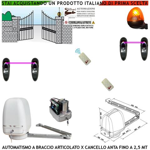 Automazione Cancello Kit Motore A Braccio Articolato 220/24 V Anta Battente Da 0,5 A 2,5 Mt Centrale 2 Radiocomandi Fa - Foto 1
