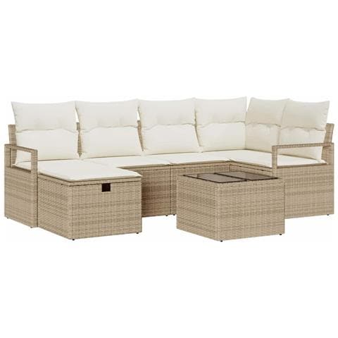Set di divani da giardino 7 pezzi con cuscini Beige Rattan Sintetico, Divano da giardino 2 posti con ripostiglio e cuscini Beige Rattan Sintetico - Foto 1