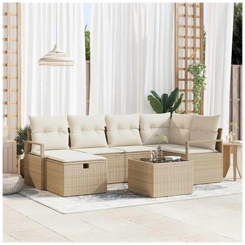 Set di divani da giardino 7 pezzi con cuscini Beige Rattan Sintetico, Divano da giardino 2 posti con ripostiglio e cuscini Beige Rattan Sintetico - Foto 2