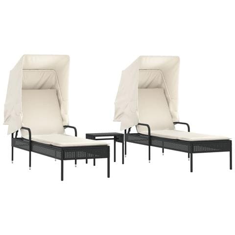 Lettini Prendisole 2 pz con Baldacchino e Tavolino Polyrattan - Foto 1