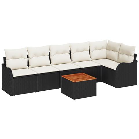 Set di Divani da Giardino 7 Pezzi con Cuscini Nero Polyrattan Acacia, Divano da Giardino 2 Posti con Cuscini Nero Polyrattan - Foto 1