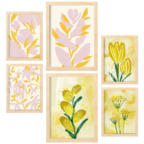 Set Di 6 Stampe Riposante Mazzo Di Fiori In Dipinti Decorativi Astratti Ed Estetici Per Il Tuo Soggiorno Di Casa A3 & A4 Telaio In Legno Chiaro - Foto 1