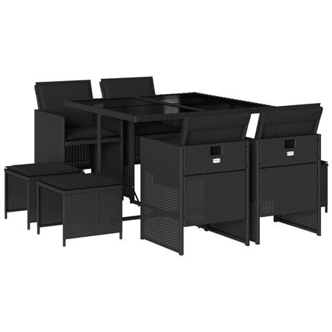 Set Da Pranzo Da Giardino 9 Pz Con Cuscini Nero In Polyrattan - Foto 2