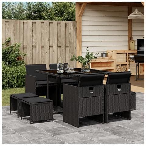 Set Da Pranzo Da Giardino 9 Pz Con Cuscini Nero In Polyrattan - Foto 1