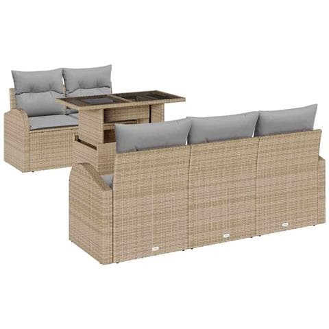 Set di Sofà da Giardino 6 Pezzi con Cuscini Beige in Rattan Sintetico, Sofà da Giardino 2 Posti con Ripostiglio e Cuscini Beige in Rattan Sintetico - Foto 1