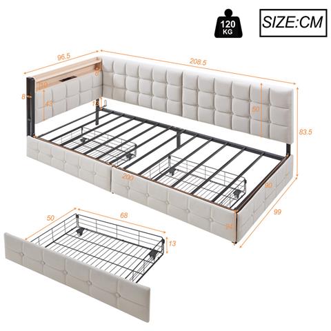 Letto Imbottito, Letto Singolo 90x200cm, Divano Letto Imbottito Con 2 Cassetti, Lampada Led Da Comodino, Connessione Usb E Tipo C, Letto A Barca Multifunzionale Per Bambini, Velluto+metallo+compensato+mdf, Beige - Foto 2