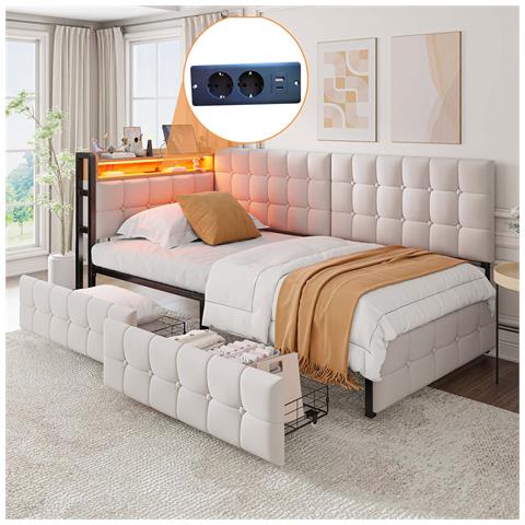 Letto Imbottito, Letto Singolo 90x200cm, Divano Letto Imbottito Con 2 Cassetti, Lampada Led Da Comodino, Connessione Usb E Tipo C, Letto A Barca Multifunzionale Per Bambini, Velluto+metallo+compensato+mdf, Beige - Foto 1