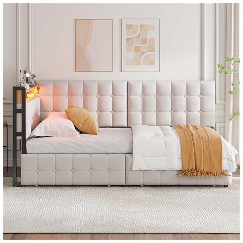 Letto Imbottito, Letto Singolo 90x200cm, Divano Letto Imbottito Con 2 Cassetti, Lampada Led Da Comodino, Connessione Usb E Tipo C, Letto A Barca Multifunzionale Per Bambini, Velluto+metallo+compensato+mdf, Beige - Foto 4