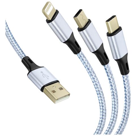 Cavo 3 In 1 Usb A Usb-c Micro-usb E Lightning Fast Charge 1.2m Nylon Intrecciato - Foto 10