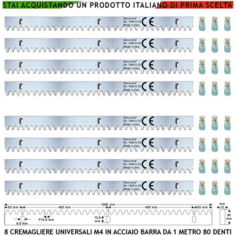 Cremagliera In Acciaio Zincato M4 Universale Otto Moduli Da 1 Metro Con 80 Denti 12x30 Mm Portata 22 Q.li Max 30 Q.li - Foto 1