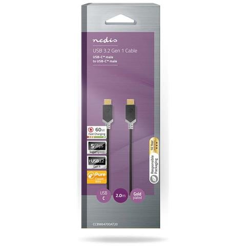Cavo Di Ricarica E Dati Da 3,2 Gen 1 Usb-c Maschio A Usb-c Maschio 60w 5 Gbps 2m, Nero / Oro - Foto 3