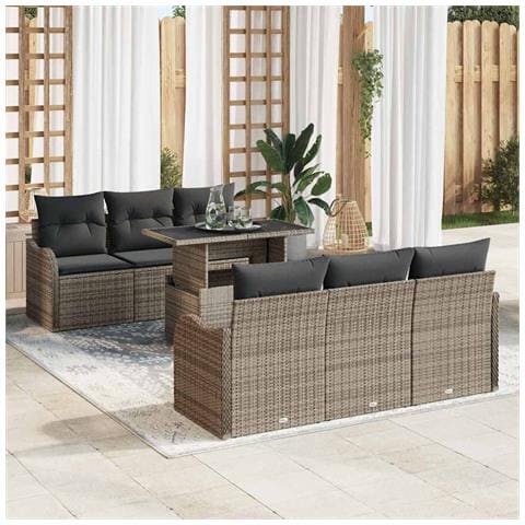 Set di divani da giardino  7 pezzi con cuscini grigi in polyrattan, Divano da giardino  2 posti con scatola e cuscini grigi in polyrattan - Foto 2