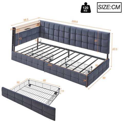 Letto Imbottito, Letto Singolo 90x200cm, Divano Letto Imbottito Con 2 Cassetti, Lampada Da Comodino A Led Connessione Usb E Tipo C, Letto A Barca Multifunzionale Per Bambini, Velluto+metallo+compensato+mdf, Grigio Scuro - Foto 2