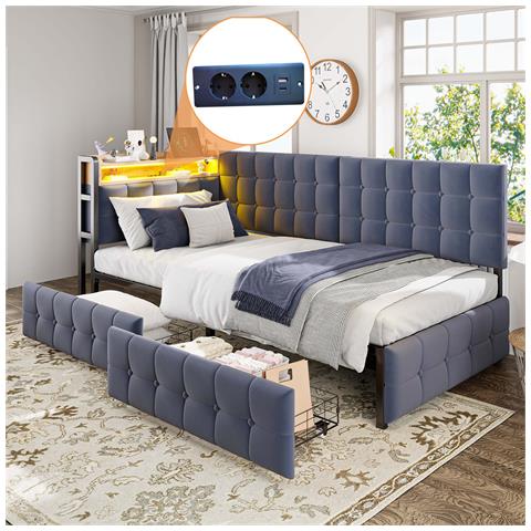 Letto Imbottito, Letto Singolo 90x200cm, Divano Letto Imbottito Con 2 Cassetti, Lampada Da Comodino A Led Connessione Usb E Tipo C, Letto A Barca Multifunzionale Per Bambini, Velluto+metallo+compensato+mdf, Grigio Scuro - Foto 1