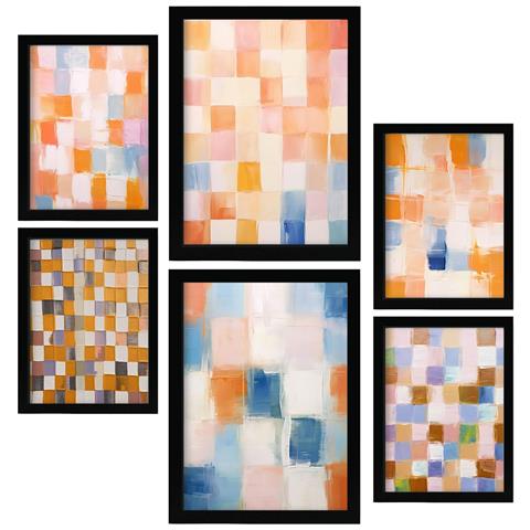 Set Di 6 Stampe Mosaico Arancione E Blu 2 In Dipinti Decorativi Estetici Astratti Per Il Tuo Soggiorno, Camera Da Letto, Casa A3 & A4 Cornice Nera - Foto 1