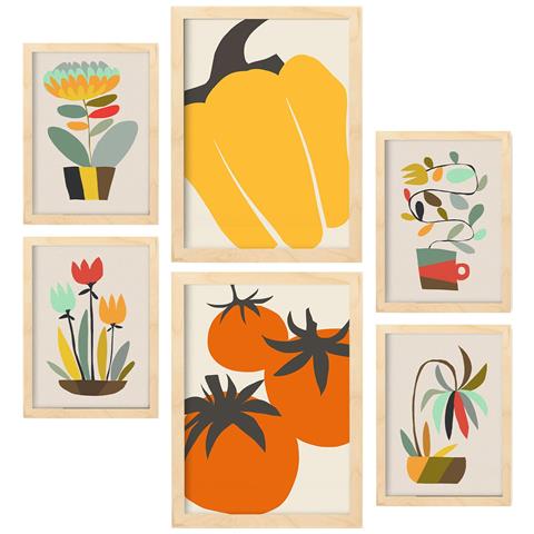 Set Di 6 Stampe Essenzialità Nei Dipinti Decorativi Astratti Estetici Floreali Per Il Tuo Soggiorno Di Casa A3 & A4 Telaio In Legno Chiaro - Foto 1