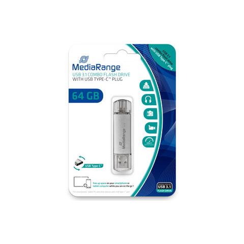 MediaRange MR937, 64 GB, USB Type-A / USB Type-C, 3.2 Gen 1 (3.1 Gen 1), 70 MB/s, Cuffia, Argento - Foto 1