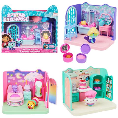 Gabby's Dollhouse Primp and Pamper Bathroom con personaggio MerCat, 3 accessori, 3 mobili e 2 scatole con sorpresa, giocattoli per bambini dai 3 anni in su - Foto 1