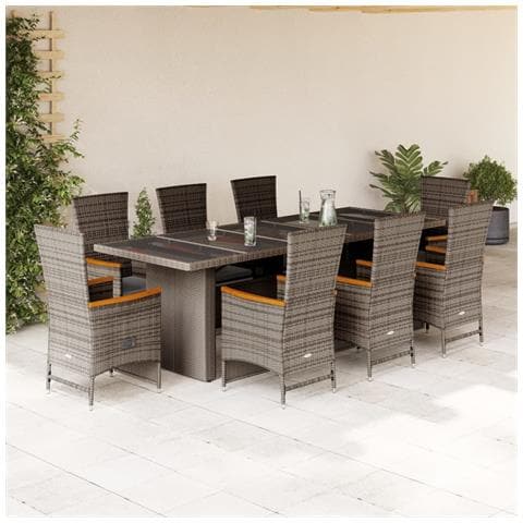 Set Da Pranzo Da Giardino 9 Pz Con Cuscini In Polyrattan Grigio - Foto 1