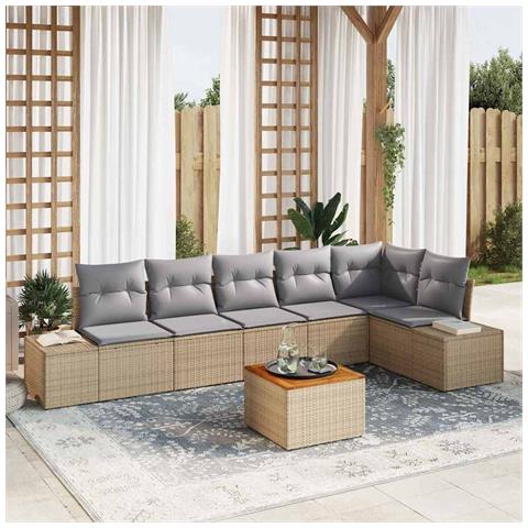Set di divani da giardino da 7 pezzi con cuscini Beige Polyrattan Acacia - Foto 2
