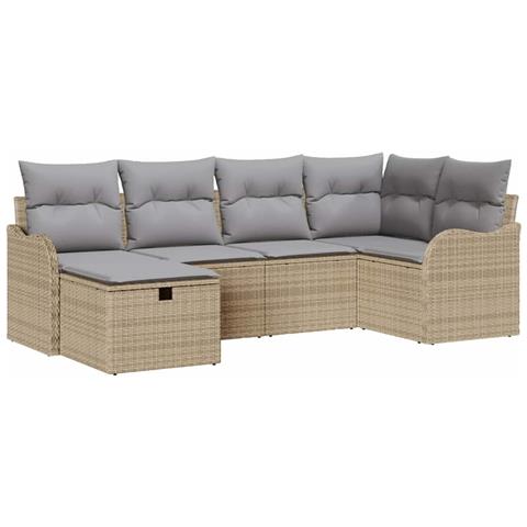 Set divano da giardino 6 pezzi con cuscini beige polyrattan, Divano da giardino 2 posti con cuscini beige polyrattan - Foto 1