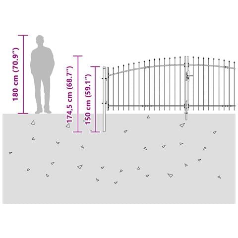 Cancello da Giardino con Punta a Lancia a Due Ante Grigio 125x400 cm Acciaio - Foto 8