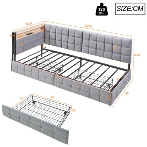 Letto Imbottito, Letto Singolo 90x200cm, Divano Letto Imbottito Con 2 Cassetti, Lampada Da Comodino A Led, Connessione Usb E Tipo C, Letto A Barca Multifunzionale Per Bambini, Velluto+metallo+compensato+mdf, Grigio Chiaro - Foto 2