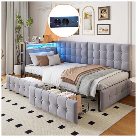 Letto Imbottito, Letto Singolo 90x200cm, Divano Letto Imbottito Con 2 Cassetti, Lampada Da Comodino A Led, Connessione Usb E Tipo C, Letto A Barca Multifunzionale Per Bambini, Velluto+metallo+compensato+mdf, Grigio Chiaro - Foto 1