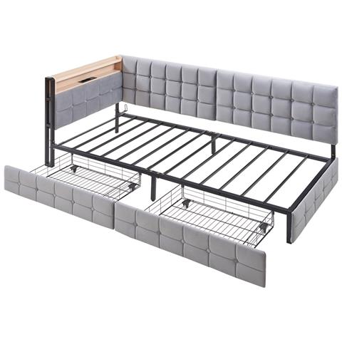 Letto Imbottito, Letto Singolo 90x200cm, Divano Letto Imbottito Con 2 Cassetti, Lampada Da Comodino A Led, Connessione Usb E Tipo C, Letto A Barca Multifunzionale Per Bambini, Velluto+metallo+compensato+mdf, Grigio Chiaro - Foto 4