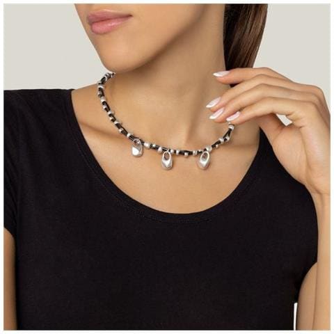 Collana In Pelle Con Pendenti A Goccia, Placcati Argento E Neri - Foto 2