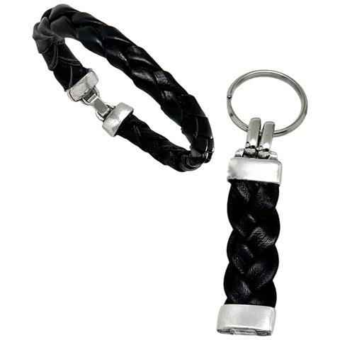 Set Di Bracciale E Portachiavi In ??pelle Intrecciata Nera - Foto 1