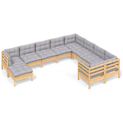 Set Divani da Giardino 10 pz con Cuscini Grigi Massello di Pino - Foto 1