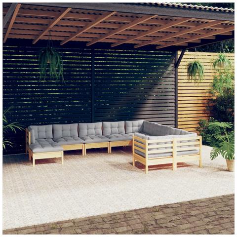 Set Divani da Giardino 10 pz con Cuscini Grigi Massello di Pino - Foto 2