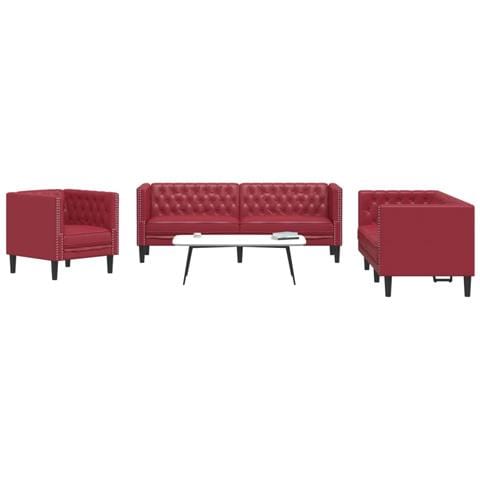 Sei Divani Chesterfield 3 pz Rosso Vino in Similpelle - Foto 2