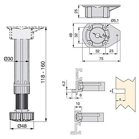 Gambe Per Mobili, Piedi Per Mobile In Plastica Colore Nero, Set Di 4 Piedini Regolabili Di Altezza 150mm - Foto 2