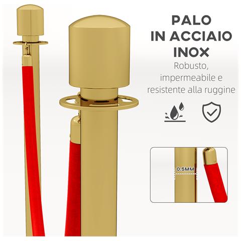 Colonnine Segnapercorso in Acciaio Inox Oro con Corda Vellutata Rossa di 1.5 m e Base Riempibile,, Ø32x96 cm - Foto 2