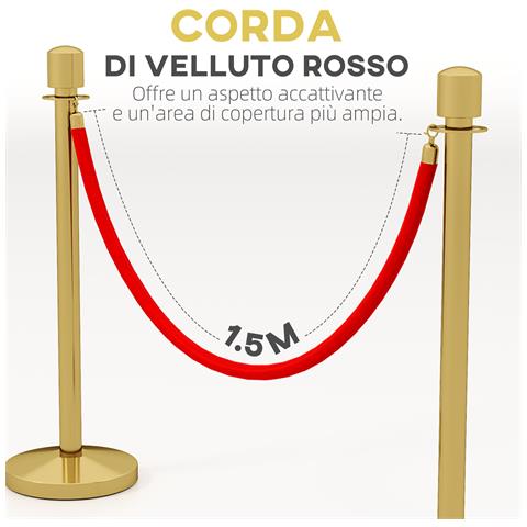 Colonnine Segnapercorso in Acciaio Inox Oro con Corda Vellutata Rossa di 1.5 m e Base Riempibile,, Ø32x96 cm - Foto 6
