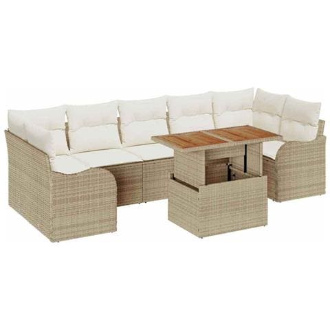Set di Divani da Giardino 8 Pezzi con Cuscini Beige in Rattan Poliestere Acacia, Divano da Giardino 2 Posti con Cuscini Beige in Rattan Poliestere - Foto 1