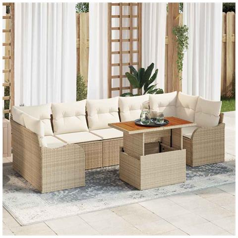 Set di Divani da Giardino 8 Pezzi con Cuscini Beige in Rattan Poliestere Acacia, Divano da Giardino 2 Posti con Cuscini Beige in Rattan Poliestere - Foto 2