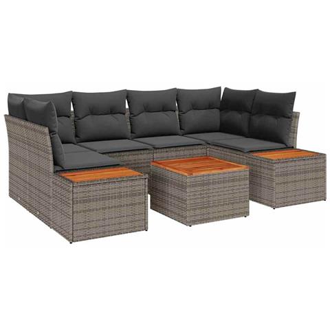Set di Divani da Giardino da 7 Pezzi con Cuscini Grigi in Rattan Poly Acacia - Foto 1