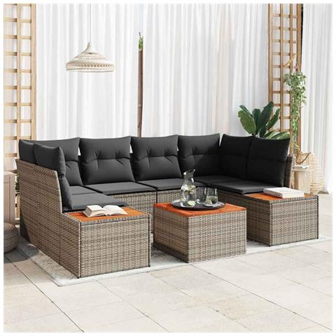 Set di Divani da Giardino da 7 Pezzi con Cuscini Grigi in Rattan Poly Acacia - Foto 2